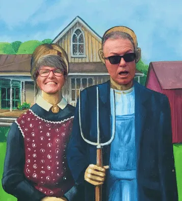 A humorous take on the American Gothic painting with two people posing.